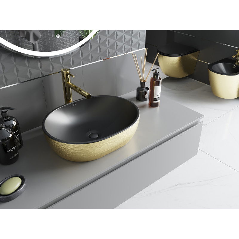 Mexen Viki countertop washbasin 48 x 35 cm, black matte/gold line pattern - 21054877