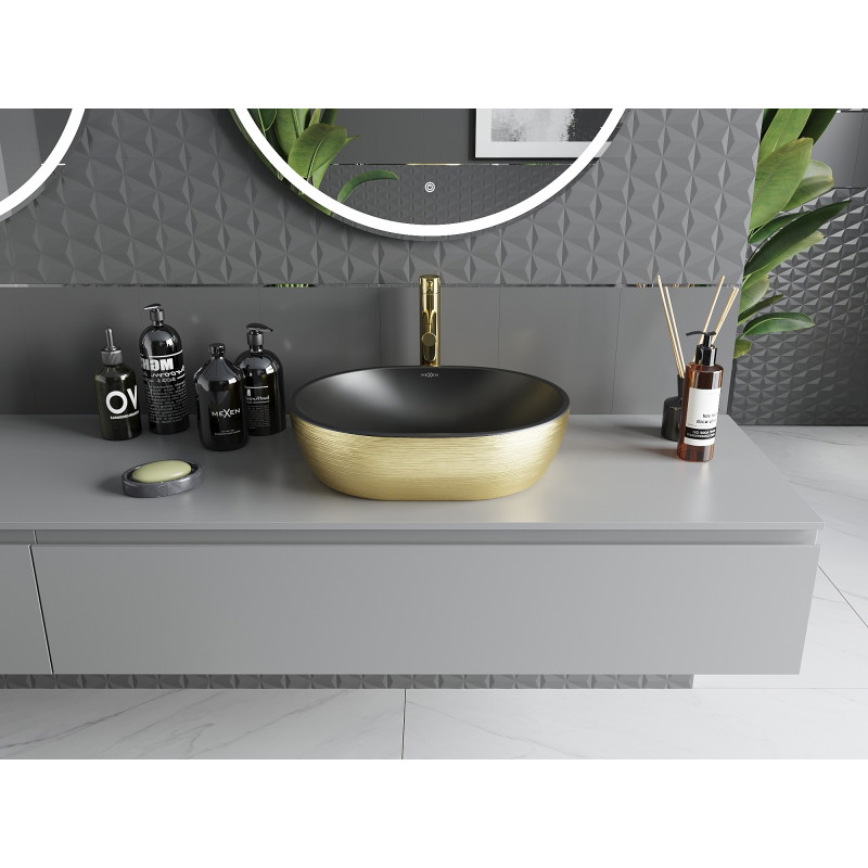 Mexen Viki countertop sink 48 x 35 cm, black matte/golden line pattern - 21054877