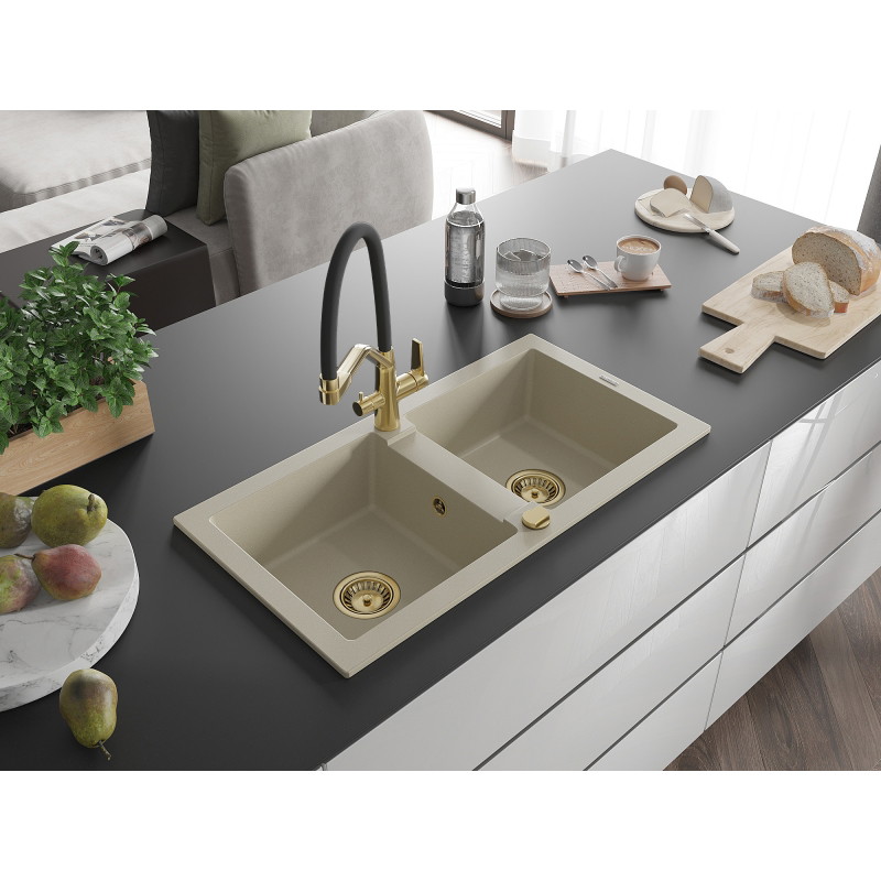Mexen Mario granite double-bowl kitchen sink with Duo kitchen faucet, beige - 6504-69-671701-57-G