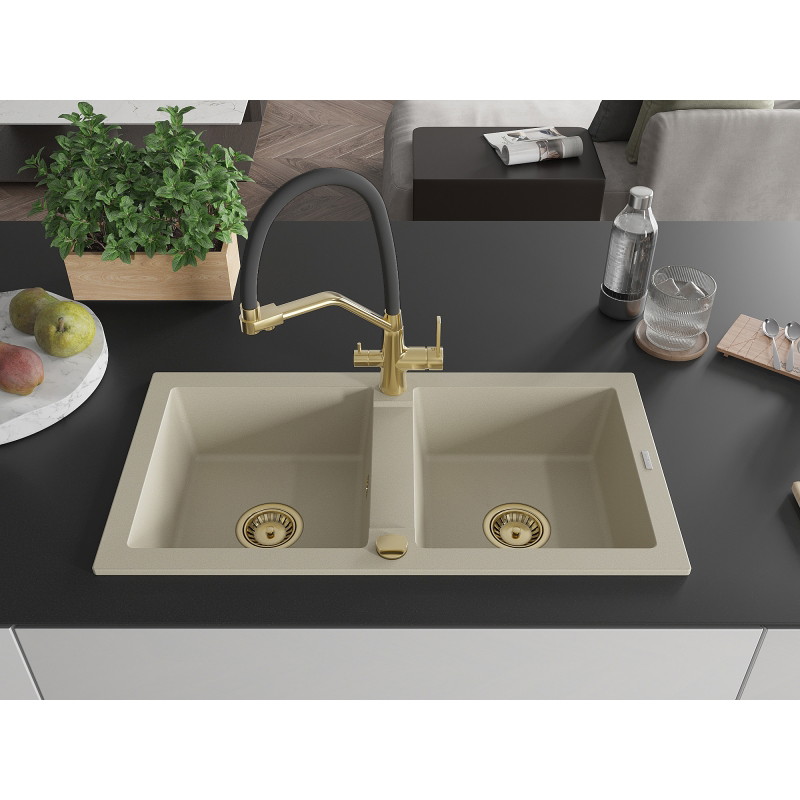 Mexen Mario granite double-bowl kitchen sink with Duo kitchen faucet, beige - 6504-69-671701-57-G