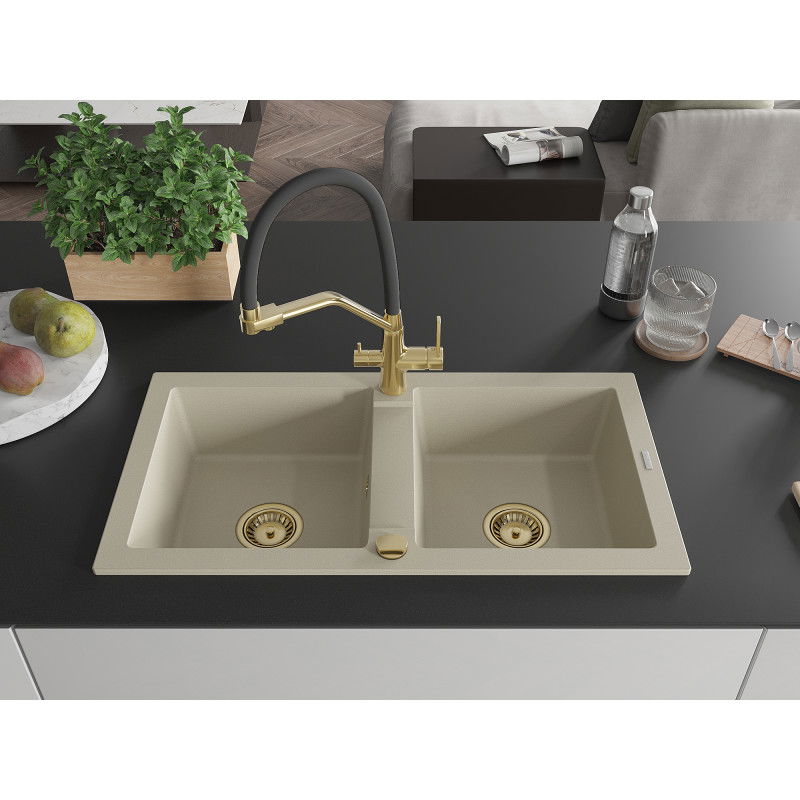 Mexen Mario granite sink 2-bowl with Duo kitchen tap, beige - 6504-69-671701-57-G