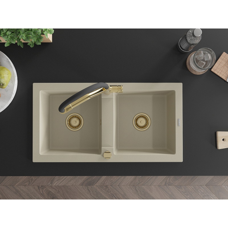 Mexen Mario granite double bowl kitchen sink with Duo faucet, beige - 6504-69-671701-57-G