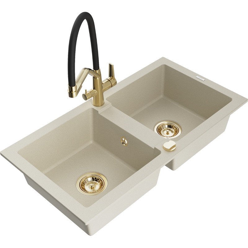 Mexen Mario granite double-bowl kitchen sink with Duo kitchen faucet, beige - 6504-69-671701-57-G