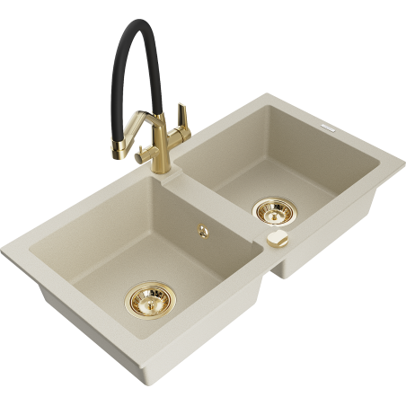 Mexen Mario granite double bowl kitchen sink with Duo faucet, beige - 6504-69-671701-57-G