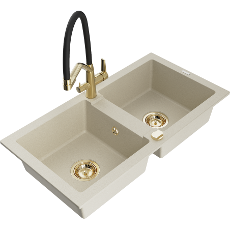 Mexen Mario granite sink 2-bowl with Duo kitchen tap, beige - 6504-69-671701-57-G