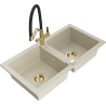 Mexen Mario granite double bowl kitchen sink with Duo faucet, beige - 6504-69-671701-57-G
