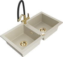 Mexen Mario granite double-bowl kitchen sink with Duo kitchen faucet, beige - 6504-69-671701-57-G