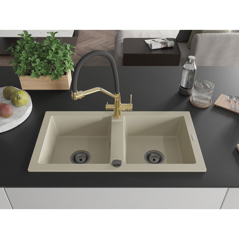 Mexen Mario 2-bowl granite sink with Duo kitchen tap, beige - 6504-69-671701-57-B