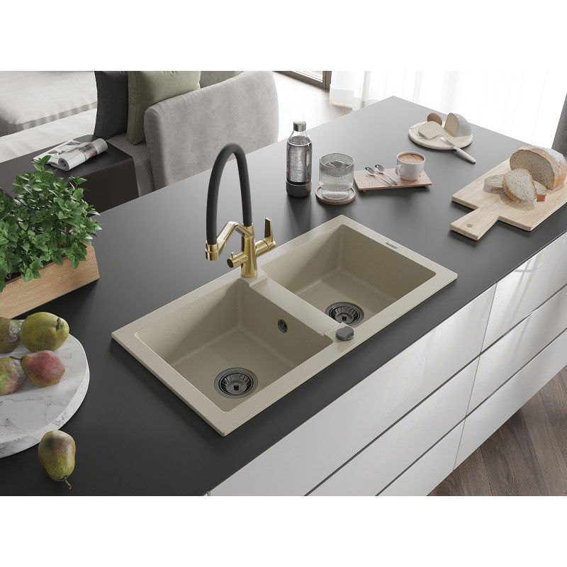 Mexen Mario 2-bowl granite sink with Duo kitchen tap, beige - 6504-69-671701-57-B
