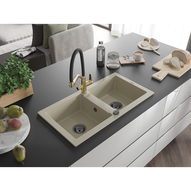Mexen Mario granite double-bowl kitchen sink with Duo faucet, beige - 6504-69-671701-57-B