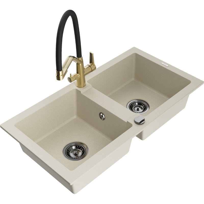 Mexen Mario 2-compartment granite sink with a kitchen mixer tap Duo, Beige - 6504-69-671701-57-B