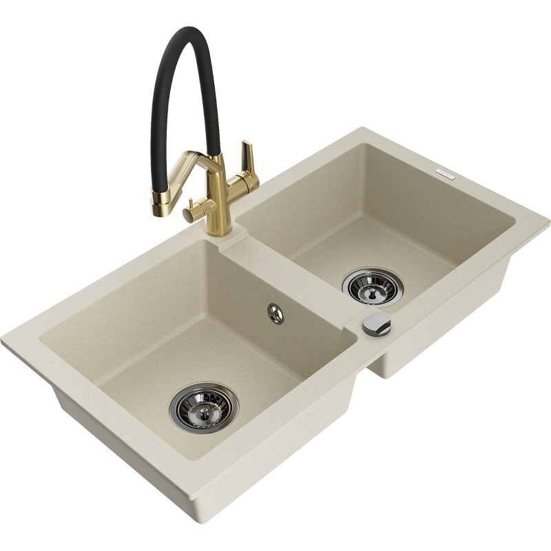 Mexen Mario granite double-bowl kitchen sink with Duo faucet, beige - 6504-69-671701-57-B