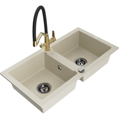 Mexen Mario 2-bowl granite sink with Duo kitchen faucet, beige - 6504-69-671701-57-B