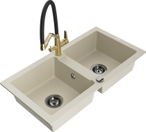 Mexen Mario 2-bowl granite sink with Duo kitchen tap, beige - 6504-69-671701-57-B