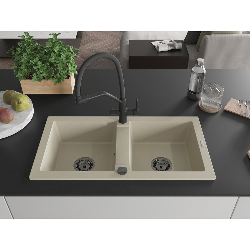 Mexen Mario 2-bowl granite kitchen sink with Duo faucet, beige - 6504-69-671701-70-B