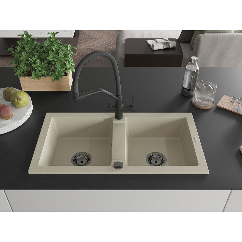 Mexen Mario 2-bowl granite kitchen sink with Duo tap, beige - 6504-69-671701-70-B