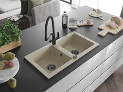 Mexen Mario 2-bowl granite kitchen sink with Duo faucet, beige - 6504-69-671701-70-B