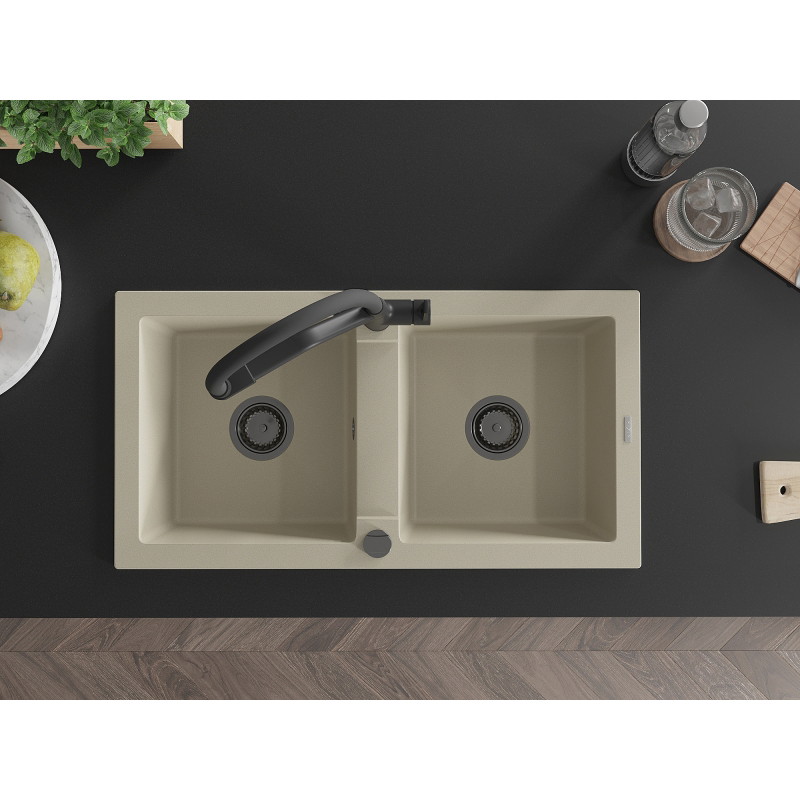 Mexen Mario Granite Double-Bowl Sink with Duo Kitchen Faucet, Beige - 6504-69-671701-70-B