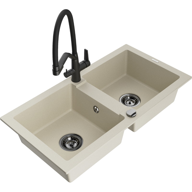 Mexen Mario 2-bowl granite kitchen sink with Duo faucet, beige - 6504-69-671701-70-B