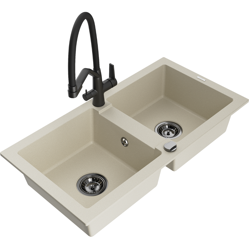 Mexen Mario 2-bowl granite kitchen sink with Duo tap, beige - 6504-69-671701-70-B