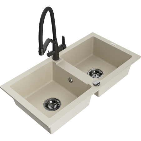 Mexen Mario 2-bowl granite kitchen sink with Duo faucet, beige - 6504-69-671701-70-B
