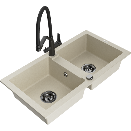 Mexen Mario 2-bowl granite kitchen sink with Duo tap, beige - 6504-69-671701-70-B