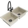 Mexen Mario Granite Double-Bowl Sink with Duo Kitchen Faucet, Beige - 6504-69-671701-70-B