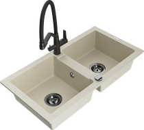 Mexen Mario Granite Double-Bowl Sink with Duo Kitchen Faucet, Beige - 6504-69-671701-70-B