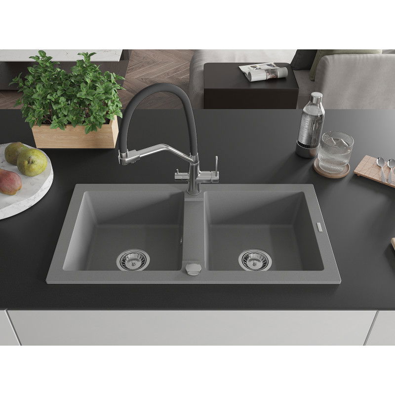 Mexen Mario 2-bowl granite kitchen sink with Duo kitchen mixer tap, grey - 6504-71-671701-07