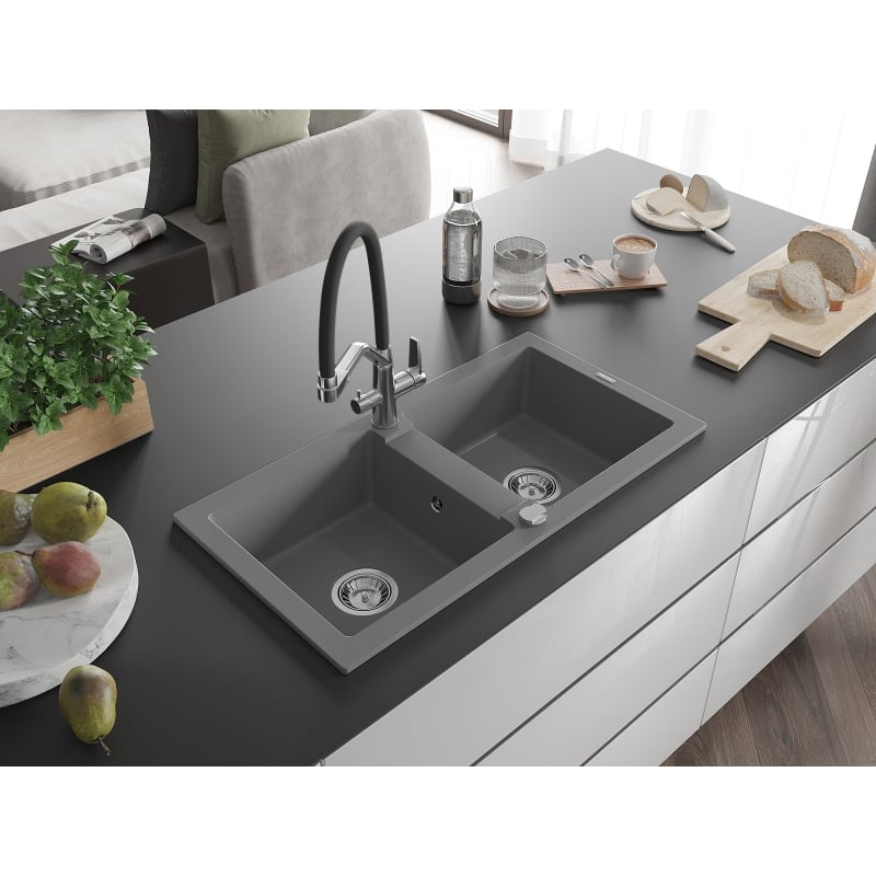 Mexen Mario granite kitchen sink 2-bowl with Duo kitchen faucet, gray - 6504-71-671701-07