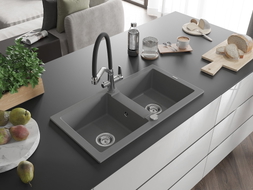 Mexen Mario granite kitchen sink 2-bowl with Duo kitchen faucet, gray - 6504-71-671701-07
