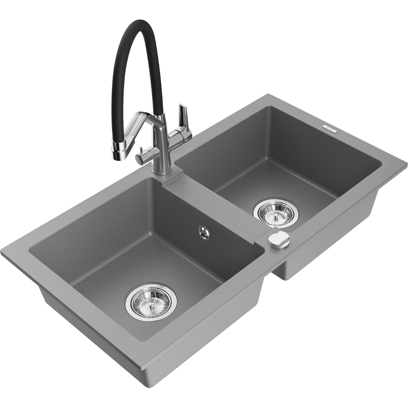 Mexen Mario 2-bowl granite kitchen sink with Duo kitchen mixer tap, grey - 6504-71-671701-07