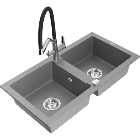 Mexen Mario 2-bowl granite kitchen sink with Duo kitchen mixer tap, grey - 6504-71-671701-07