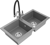Mexen Mario granite kitchen sink 2-bowl with Duo kitchen faucet, gray - 6504-71-671701-07