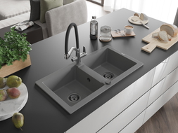 Mexen Mario granite double-bowl sink with Duo kitchen faucet, gray - 6504-71-671701-07-B