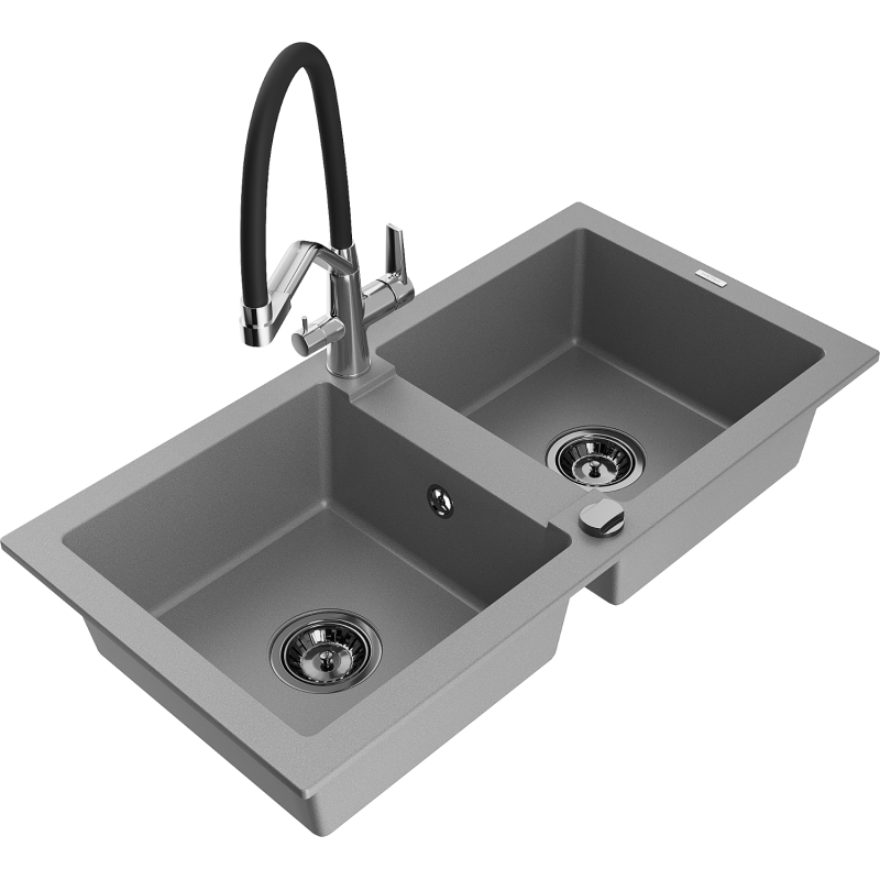 Mexen Mario 2-bowl granite kitchen sink with Duo tap, grey - 6504-71-671701-07-B