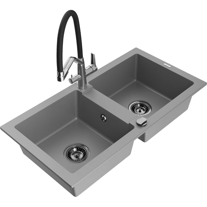 Mexen Mario granite double-bowl sink with Duo kitchen faucet, gray - 6504-71-671701-07-B
