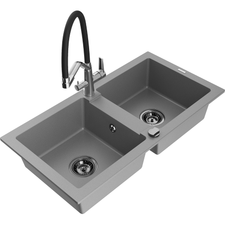 Mexen Mario granite double-bowl sink with Duo kitchen faucet, gray - 6504-71-671701-07-B