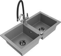 Mexen Mario granite double-bowl sink with kitchen faucet Duo, gray - 6504-71-671701-07-B