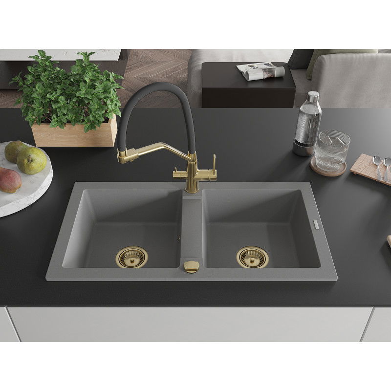 Mexen Mario granite kitchen sink 2-chamber with kitchen tap Duo, grey - 6504-71-671701-57-G