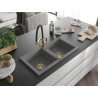 Mexen Mario granite kitchen sink 2-chamber with Duo kitchen faucet, gray - 6504-71-671701-57-G