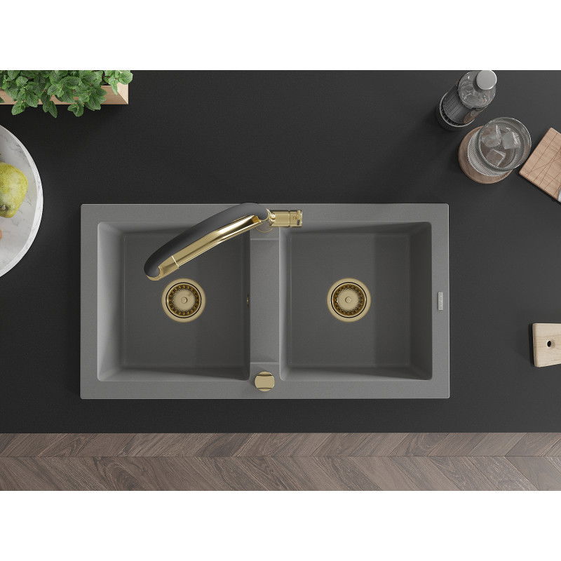 Mexen Mario granite kitchen sink 2-chamber with kitchen tap Duo, grey - 6504-71-671701-57-G