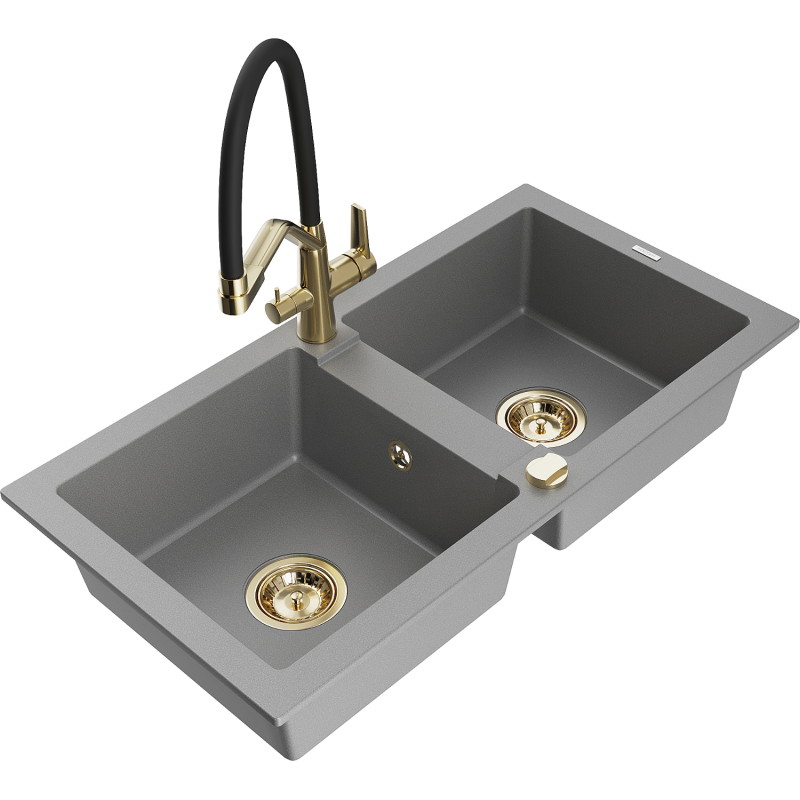 Mexen Mario granite double-bowl kitchen sink with Duo faucet, gray - 6504-71-671701-57-G