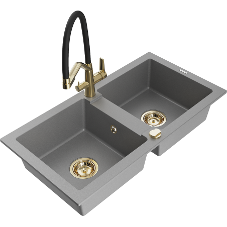 Mexen Mario granite kitchen sink 2-chamber with Duo kitchen faucet, gray - 6504-71-671701-57-G