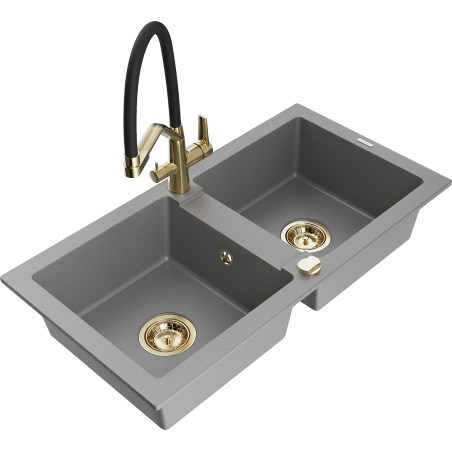 Mexen Mario granite kitchen sink 2-chamber with kitchen tap Duo, grey - 6504-71-671701-57-G