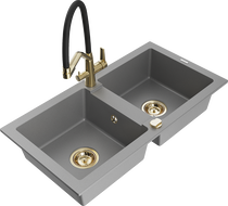 Mexen Mario granite kitchen sink 2-chamber with Duo kitchen faucet, gray - 6504-71-671701-57-G