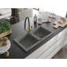 Mexen Mario granite kitchen sink with two bowls and kitchen faucet Duo, gray - 6504-71-671701-57-B