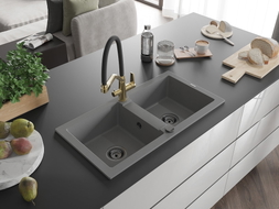 Mexen Mario granite double bowl sink with Duo kitchen faucet, gray - 6504-71-671701-57-B