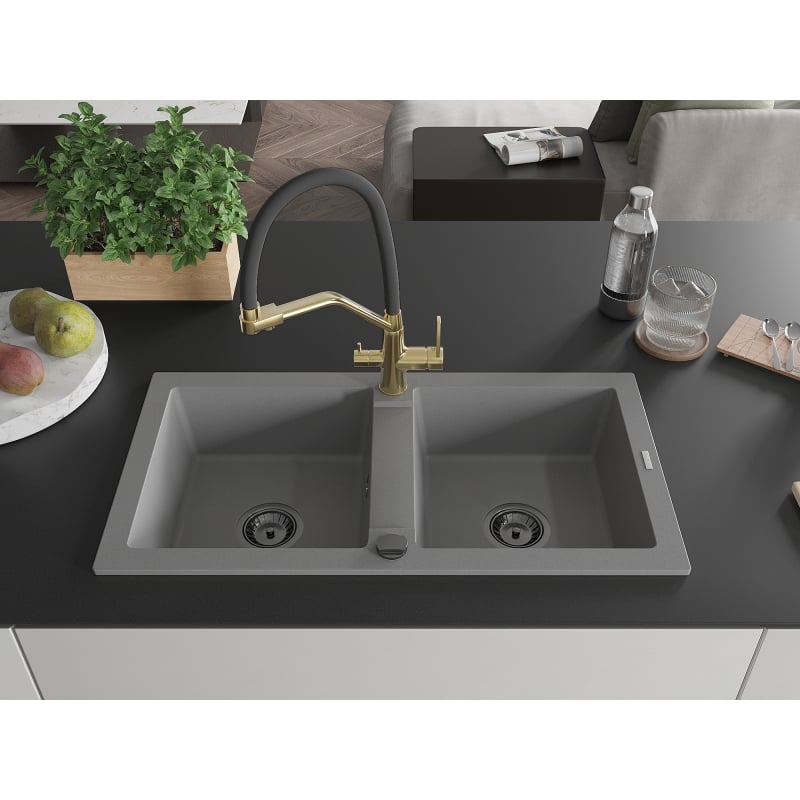 Mexen Mario granite double bowl sink with Duo kitchen faucet, gray - 6504-71-671701-57-B