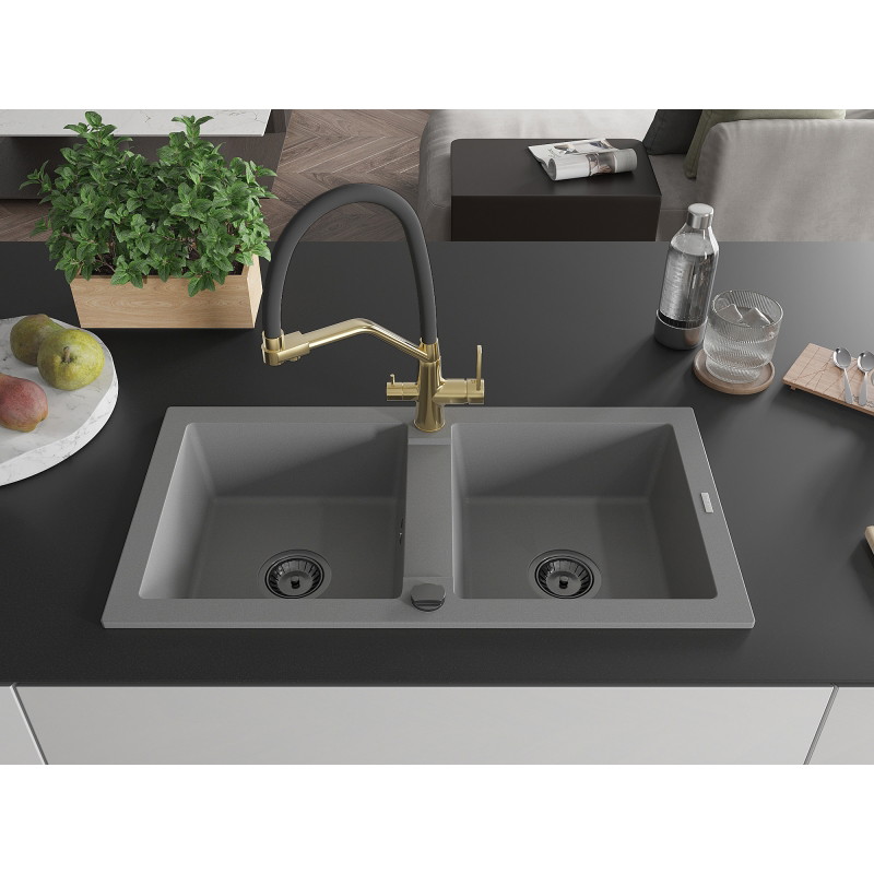 Mexen Mario granite kitchen sink with two bowls and kitchen faucet Duo, gray - 6504-71-671701-57-B